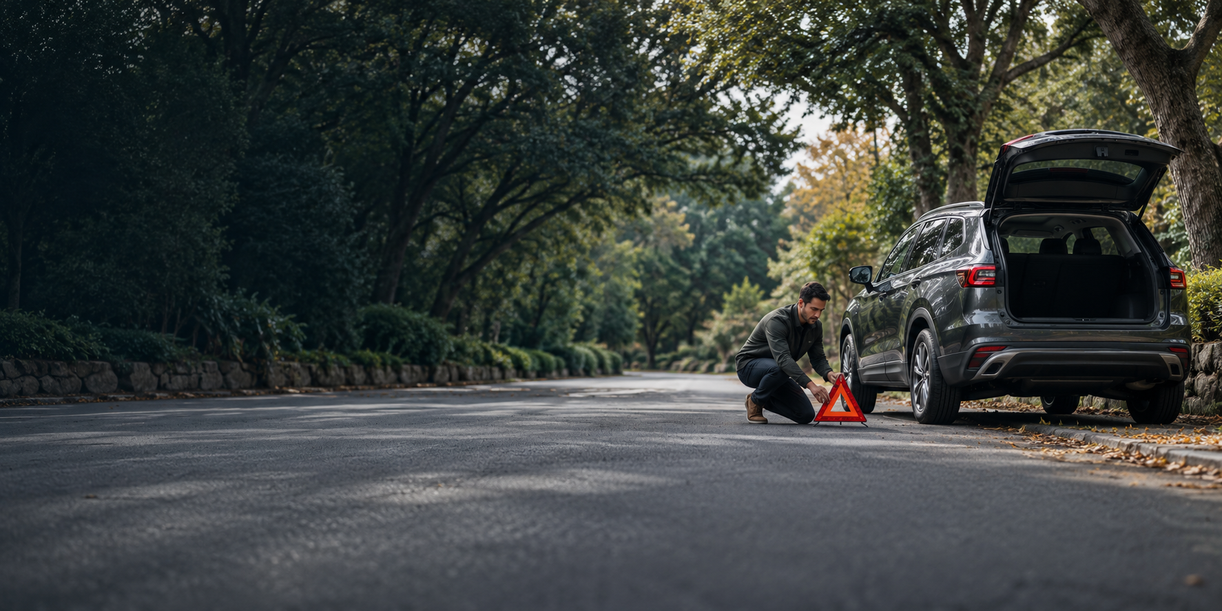 A driver places a warning triangle beside a parked car on a tree-lined road